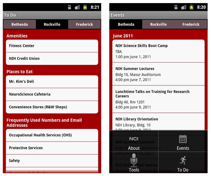Android mobile device screen: To do and Events