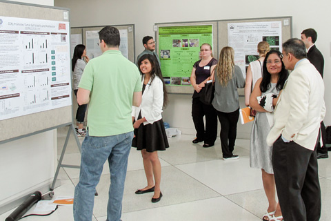 Students and researchers discussing posters.