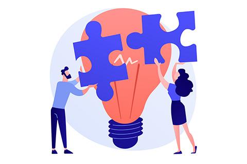 Graphic of two people connecting large puzzle pieces, with a light bulb representing an idea