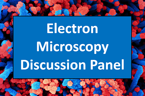 Large banner image of text superimposed over a blue and red microscopy scan. Text says "Electron Microscopy Discussion Panel."