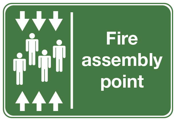 Image of a sign for fire assembly points. Click to more info about the facility's evacuation map.