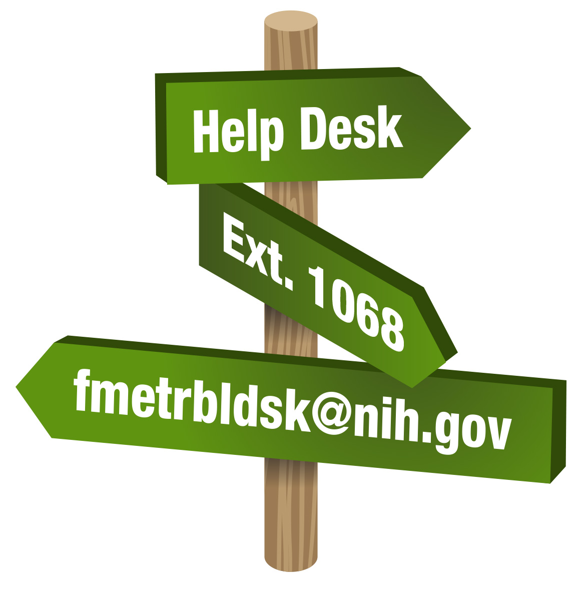 Signpost with help desk info: extension 1068 and email fmetrbldsk@nih.gov