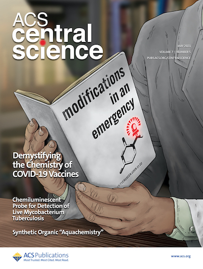 Meyer’s cover design for ACS Central Science’s May 2021 issue, featuring his hand-drawn design alluding to the breakthrough technology for mRNA vaccines used to prevent the spread of COVID-19, which he worked on with Jordan Meier, Ph.D., a senior investigator in the Chemical Biology Laboratory at NCI at Frederick’s Center for Cancer Research.