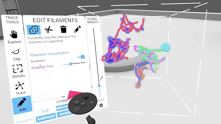 The interface for editing structures, as seen through the VR goggles at the Center for Molecular Microscopy. Users can manipulate their joysticks to pan, move around, and step inside the structures.