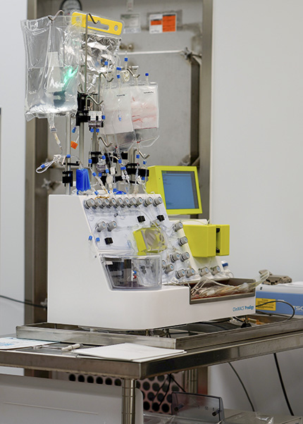The CliniMACs Prodigy system. Bags of sterile buffer and growth media, as well as the bag containing the patient’s original T cell sample, are suspended from racks above the apparatus and fed into the system through sterile, single-use tubing. (Photo provided by BDP)
