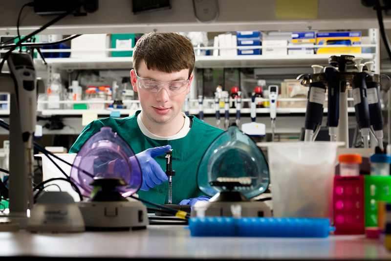 Alex Beall loads a QC chip to run a gel electrophoresis on a bioanalyzer while he worked as a student intern in the Genomics Laboratory, Cancer Research Technology Program, Leidos Biomedical Research. He earned a first-place award at the Frederick County Science and Engineering Fair.
