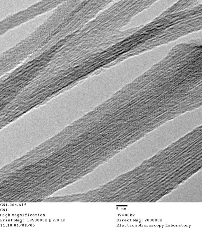 TEM image of a bundle of carbon nanotubes at 100,000x magnification. Single nanotubes can be seen by looking closely. (Image and caption by Kunio Nagashima)
