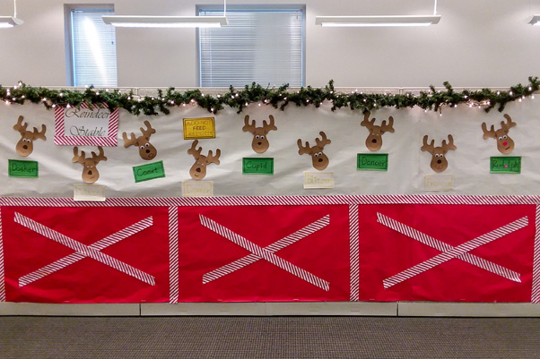The Nanotechnology Characterization Laboratory’s “Reindeer Stable” brought a small part of the North Pole to a cubicle wall at the Advanced Technology Research Facility. (Photo by Samuel Lopez)