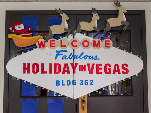 The front door to Building 362’s “Vegas Christmas.” (Photo by Samuel Lopez)