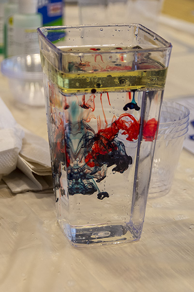 “Fireworks in a jar” created with water, cooking oil, and food coloring.