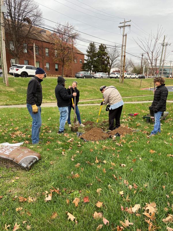 Trees are planted in the fall (those pictured with faces visible, from left to right: Paul Marshall, Anna Trivett, and Jen Mariano). Photo Credit: Kylee Stenersen