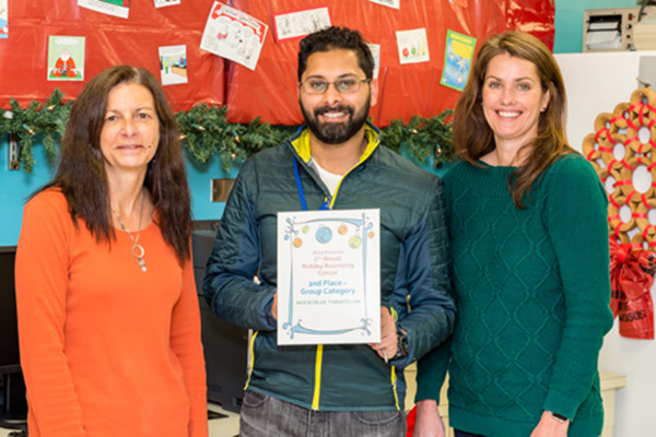 The Molecular Targets Laboratory (Building 562, second floor) won second place (group) in the Holiday Decorating Contest. From left: Heidi Bokesch, Jonathan Singh, and Laura Cartner.