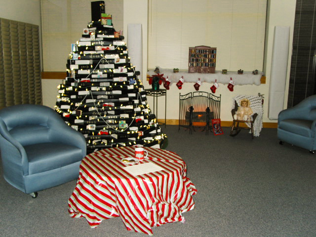 Scientific Library staff in Building 549 created a book tree as part of the contest. Photo courtesy of the Scientific Library.