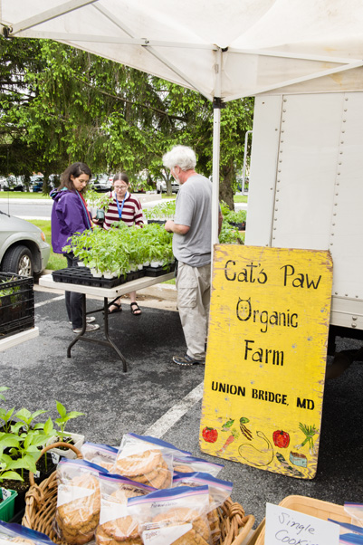 The Cat's Paw Organic Farm booth at the farmers' market.