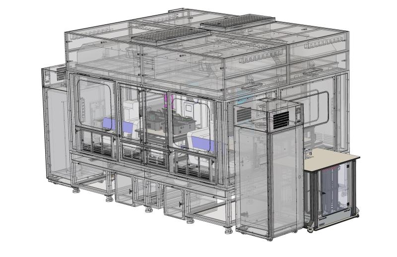 Computer-aided design rendering of the robotic NCI-60 HTS384 apparatus within its custom-built biosafety level 2 cabinet. The attached exterior cabinets are incubators for the 384-well plates containing the tumor cell lines and compounds being tested. The cabinet maintains negative air pressure within the laboratory space that houses it. (Image provided by Eric Jones)