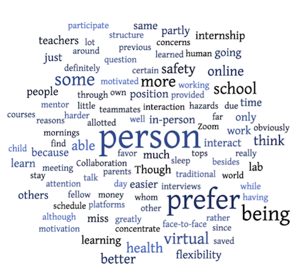 A word cloud, with size corresponding to the frequency of respondents’ words. Some of the larger words include: person, prefer, being, more, school, virtual, and health.