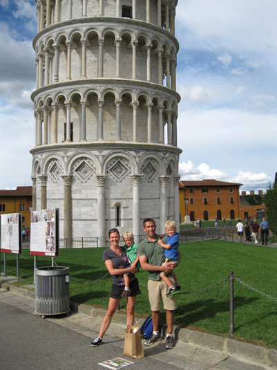 John Brognard and his family visiting the Leaning Tower of Pisa. 
