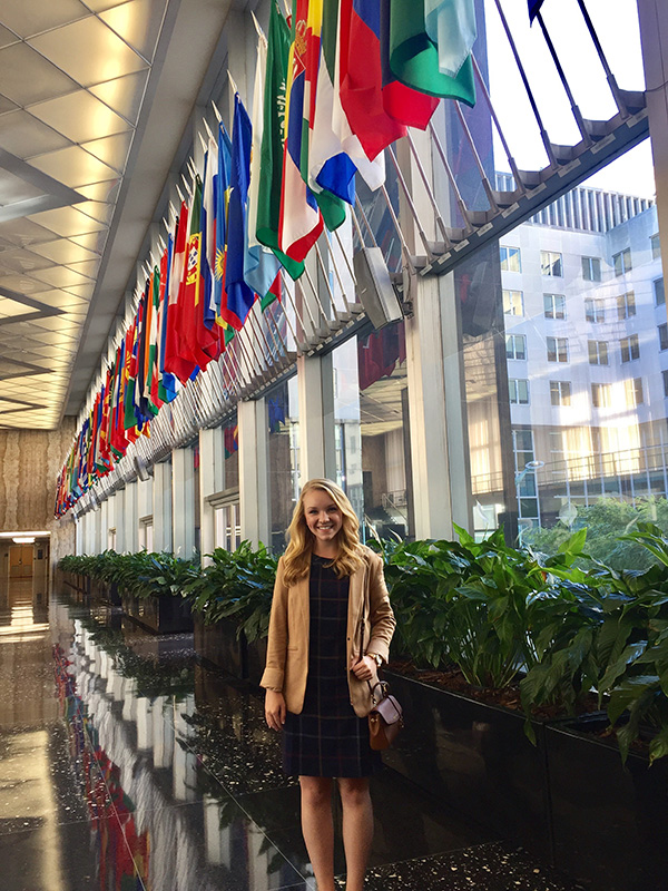 Julianne Heberlein in the Harry S. Truman lobby at the U.S. Department of State before starting her internship.