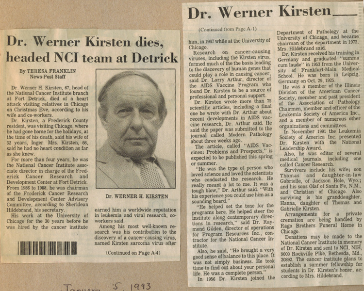 A scrapbook article on Dr. Werner H. Kirsten
