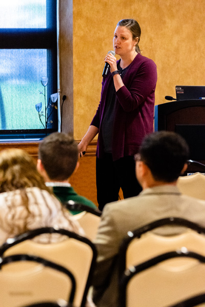 Amy Funk, Ph.D., postdoctoral fellow at NCI at Frederick, shares her research into kinases during the postbaccalaureate/postdoctoral scientific symposium on day two of the festival.
