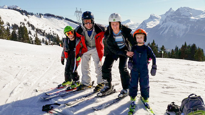 John Brognard and his family skiing in Grand Massif. 