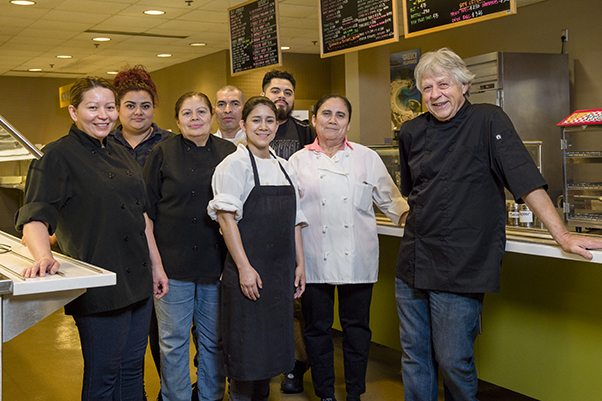 The kitchen staff (left to right): Abby Martinez, Karen Velasco, Eva Carranza, José Ortiz, Mariela Ordonez, Moises Velasco, Julia Portilla, and Taso Kolitsopoulos.