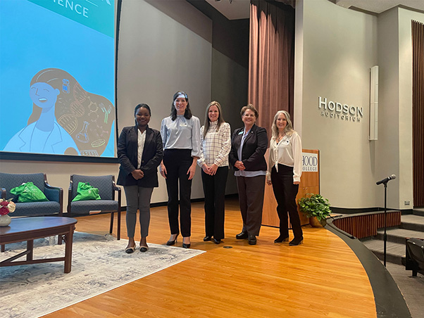 The panelists and moderator for Women in Science Speak. From left: Banis Githinji, Christine Fennessey, Nicole Fer, Debbie Ricker, and Mary Kearney. (Photo by Mary Ellen Hackett)