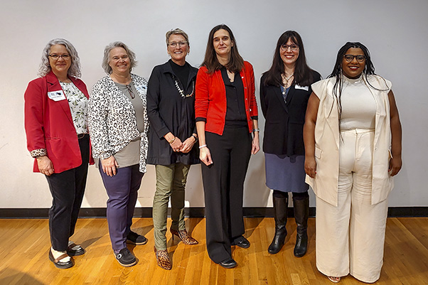 From left: Amanda Whitener, executive director of Woman to Woman Mentoring, Inc.; Terri Bray, panelist; Joy Beveridge, moderator; Tanja Grkovic, panelist; Rebecca Kelly, panelist; and Angel Boardley, panelist.