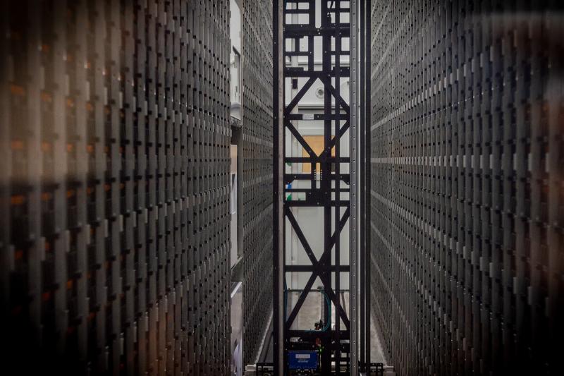 A view inside the cold storage unit, where the scaffold-like robot can stow samples in or retrieve samples from either side of the 40-foot-long repository.