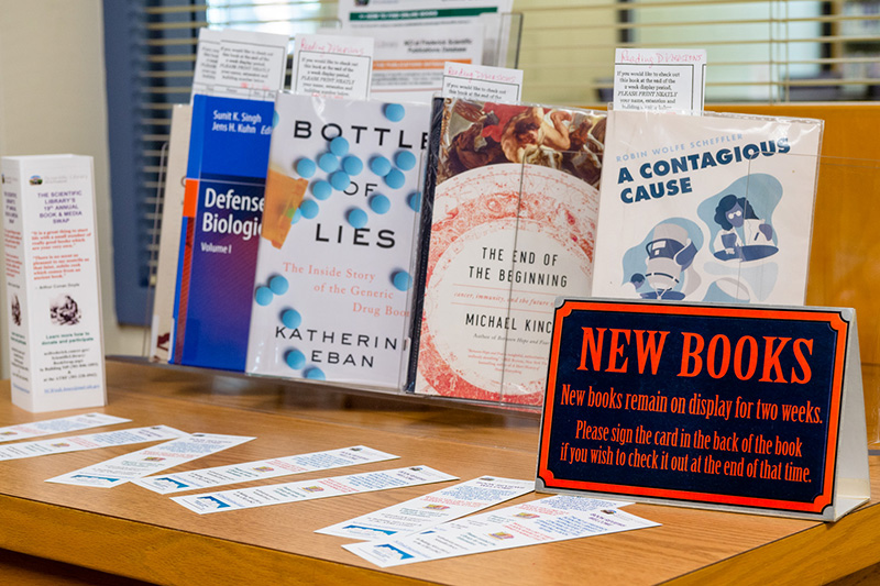A display just inside the library shows off newly available books.