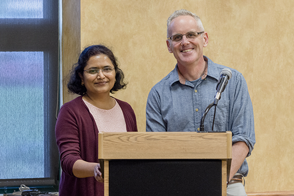 A research team comprised of Rajini Mudhasani, Ph.D., USAMRIID, (at left); Thomas Turbyville, Ph.D., NCI at Frederick, (at right); and Krishna Kota, Ph.D., USAMRIID (not pictured) was among the presenters at the NICBR Forum.