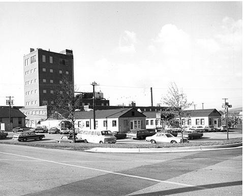 Black-and-white photo of several FCRC buildings in the early 1970s