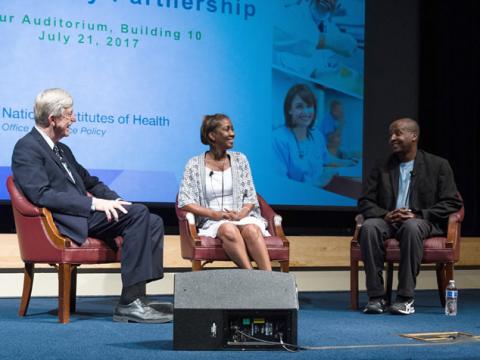 From left to right: NIH Director Francis S. Collins, Ph.D., M.D.; Jeri Lacks-Whye; and David Lacks, Jr.