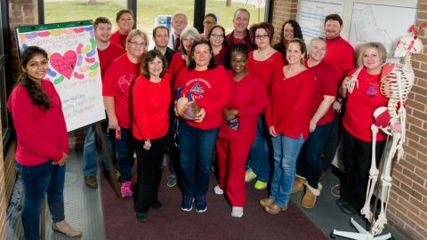 Folks wearing red for "Go Red for Women."