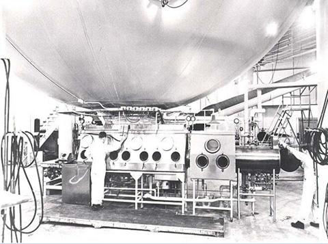 A historic image of the colloquial "Eight Ball" million-liter test sphere.