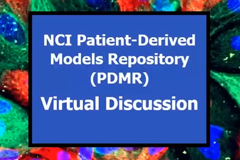 Image of text in a blue box set on a multicolored background. The text says, "NCI Patient-Derived Models Repository (PDMR) Virtual Discussion"
