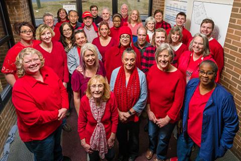 Employees decked out in red for National Wear Red Day. 