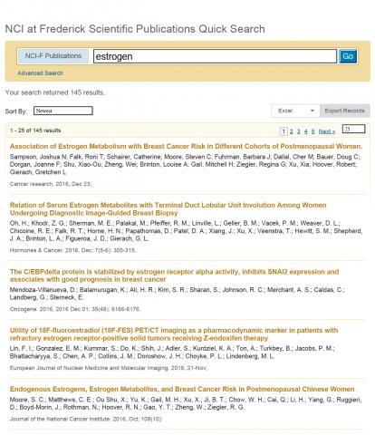 A sample search result from the scientific publications database.