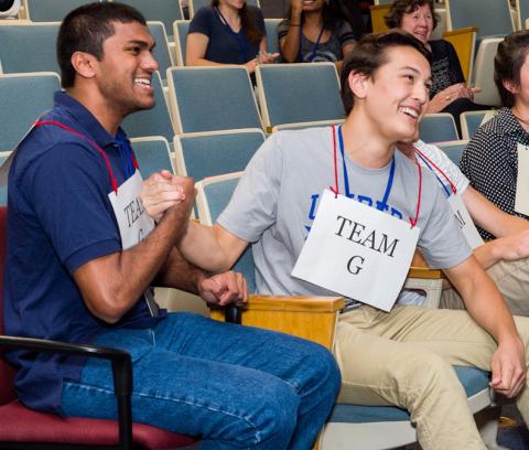 Two students compete at the Student Science Jeopardy Tournament.