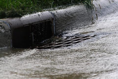 Stormwater flows into a storm drain along a road