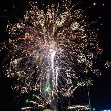 Photo of large cluster of sparkly white fireworks explosion against a night sky.