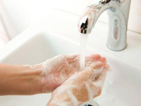 an image of hands being washed beneath a sink.