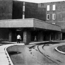 Black-and-white photo of a hospital entrance