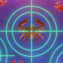 A crab, representing cancer, targeted in crosshairs, representing precision medicine