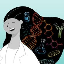 an illustration of a female scientist with a word bubble saying "Women in Science Speak" and writing under the image that says "Inspire. Mentor. Celebrate."