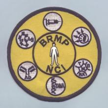 Image of a patch bearing the BRMP logo, a human silhouette surrounded by circles containing immune system components