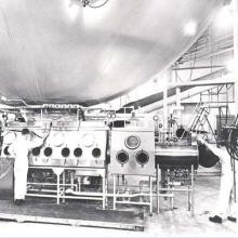 A historic image of the colloquial "Eight Ball" million-liter test sphere.