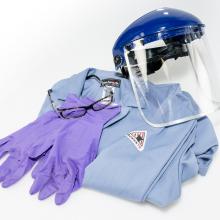 Safety gloves, lab coat and eye shield.