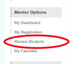 Mentor Options Left Navigation with Review Students in red circle