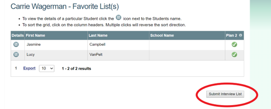 Student Search Results with Submit Interviw List in red circle